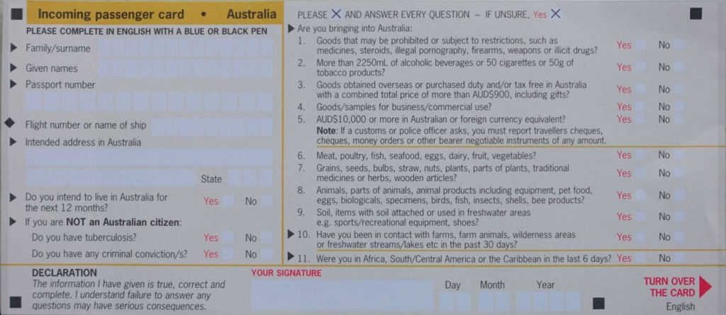 Arrival Card Australien – Seite 1